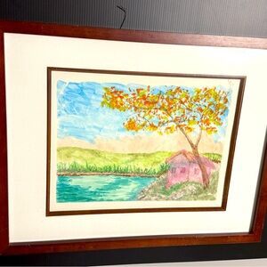 Framed Landscape Watercolor Painting Casual Naive Lsndscape